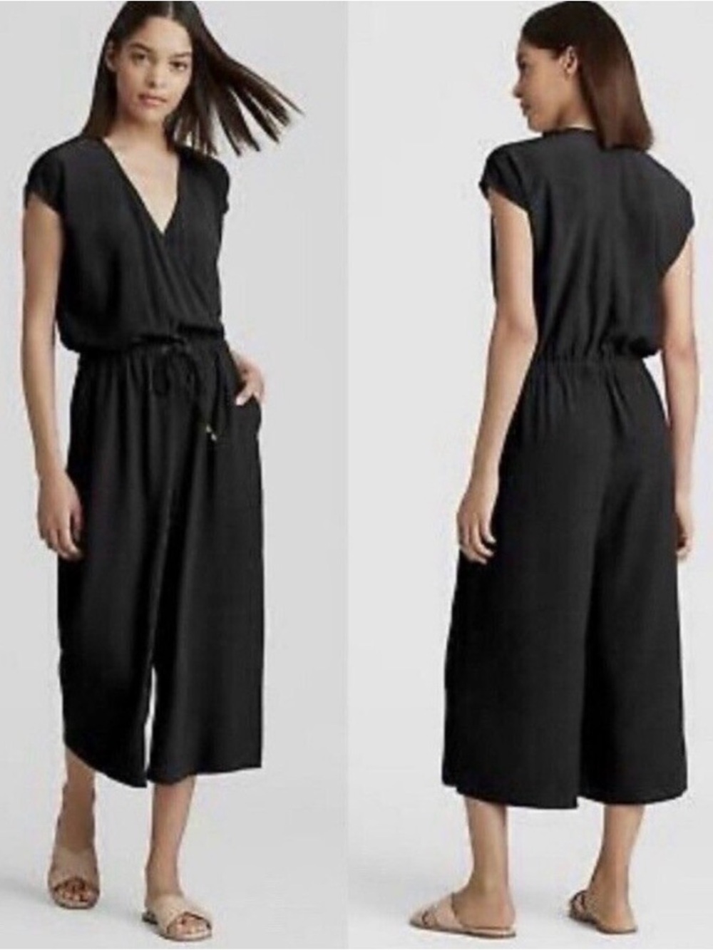 Eileen Fisher Black V-Neck Drawstring Wide-Leg Jumpsuit large